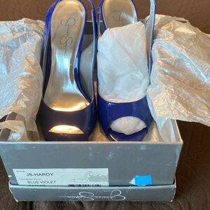 Jessica Simpson open toe straps, shoes, blue, violet, patent leather